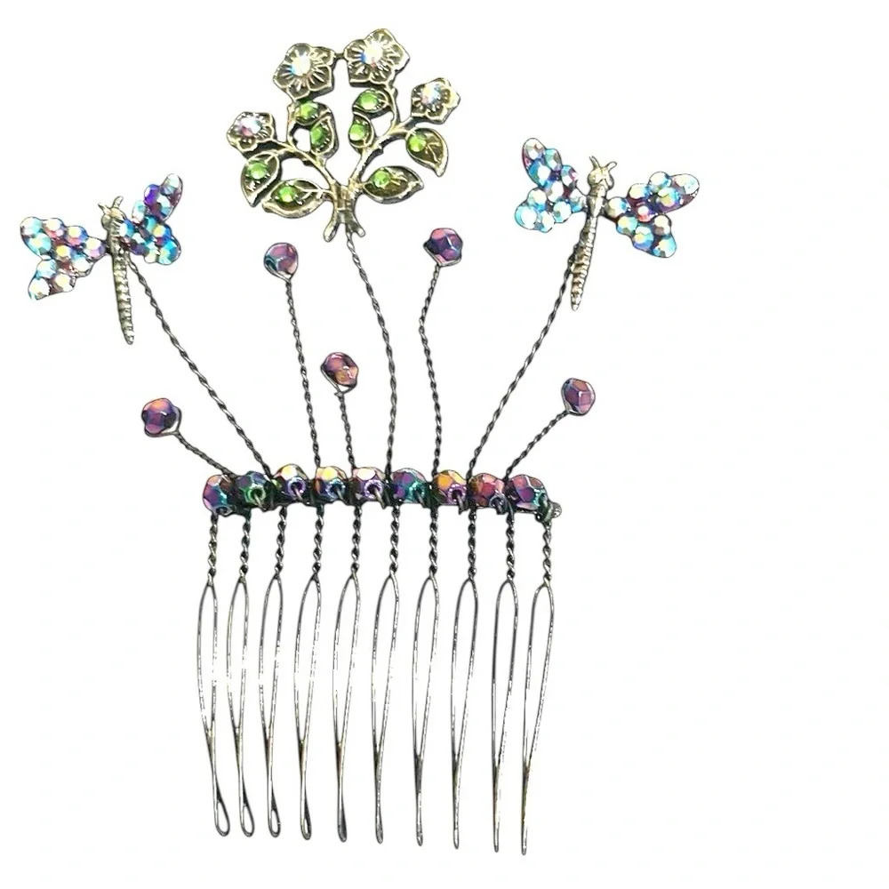 Vintage Butterfly Floral Rhinestone Wired Hair Combs Set of 2